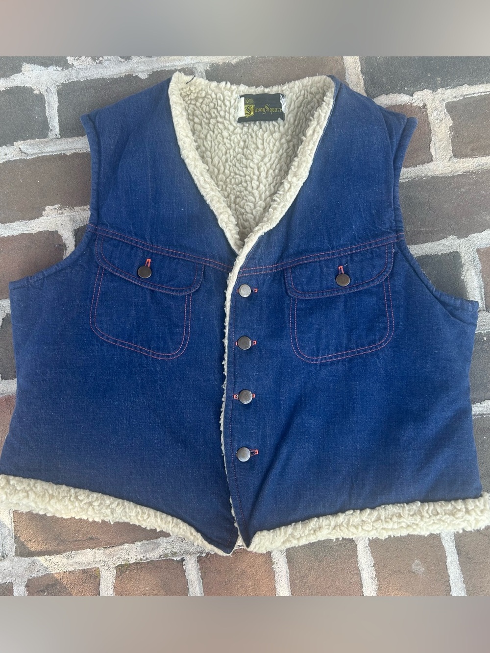 Vintage 70s Savoy Square denim button front vest Sherpa lining trucker L